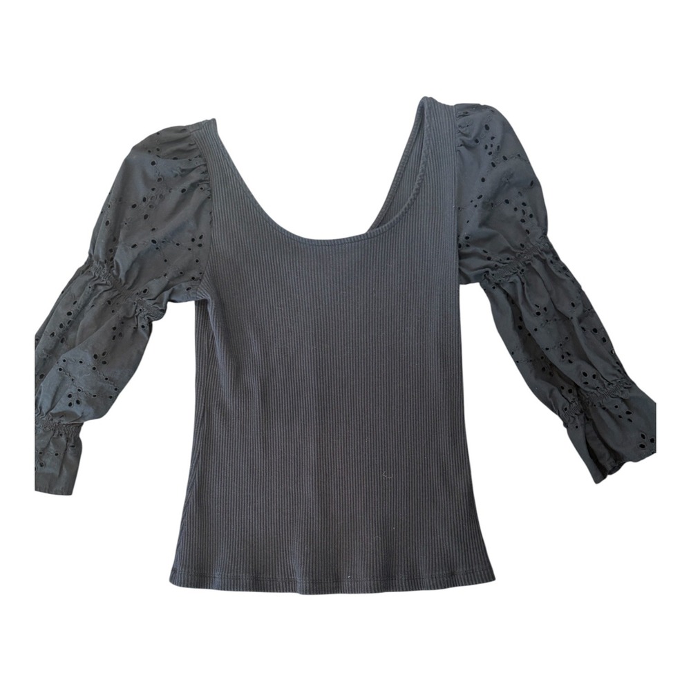 Who What Wear Black Ribbed Eyelet Puff Sleeve Scoop Neck Top Large Womens